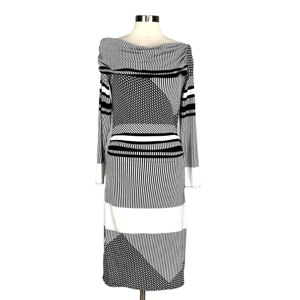 Tracy Reese Draped Neckline Long Sleeve Geometric Black White Dress size Medium